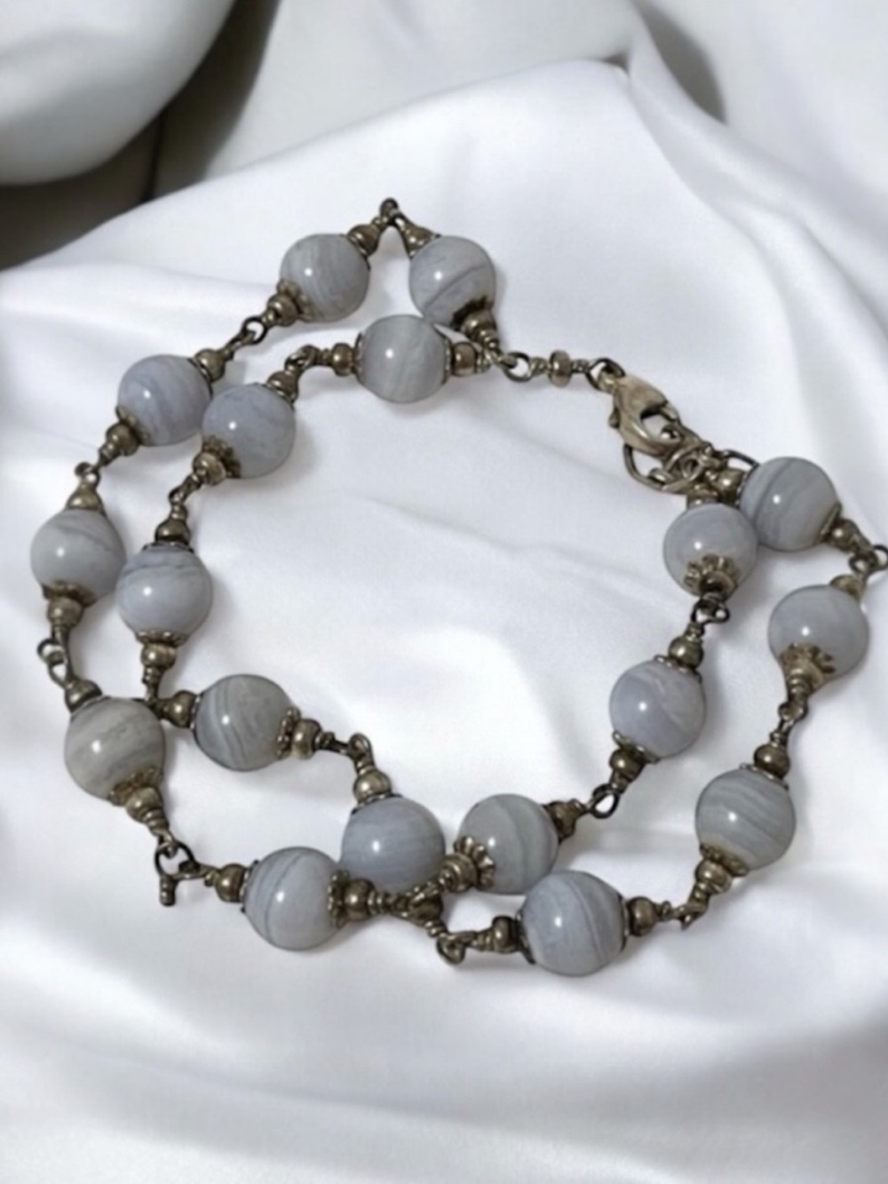 Classic Blue Lace Agate Beaded Silver Bracelet